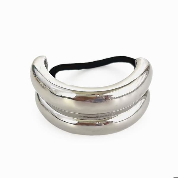 Hårsnodd - AVIZAR - Dubbel C-design - Glamour Silver - Mjuk Polyester - Rostfritt Stål Grå