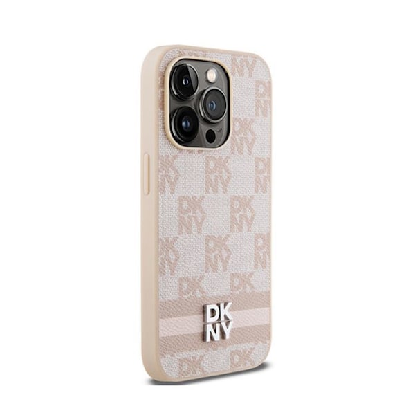 DKNY Monomönster i rutigt läder och tryckta ränder - iPhone 14 Pro-fodral (rosa)