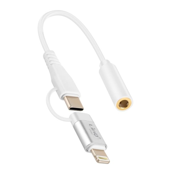 Lydadapter Jack 3,5 mm hun til Lightning og USB C han LinQ Hvid