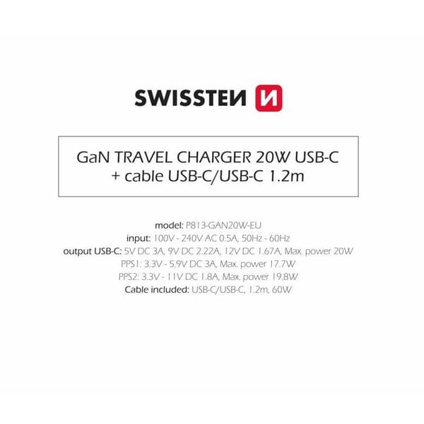 Swissten Netværksadapter GaN 1x USB-C 20W Power Delivery Data Kabel USB-C/USB-C 1,2m Sort