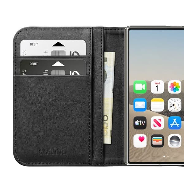 Qialino Svart Läder Plånboksfodral för iPhone Duo med Fällbart Stöd Svart