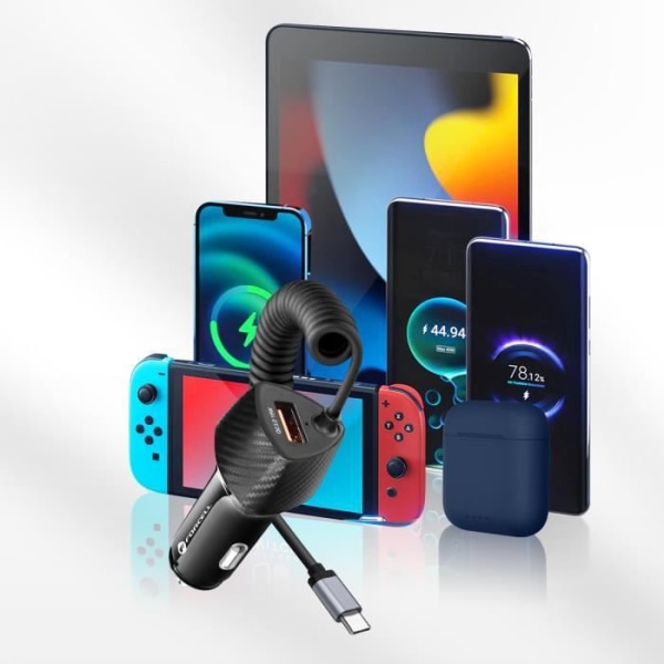 Lader til bil - Forcell - 38W - QC 3.0 - Indbygget USB-C kabel - Sort kulfiber Kolsvart