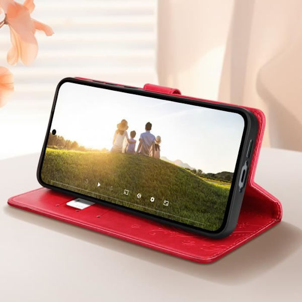 Suojakuori Samsung Galaxy A55 Wallet Flower Butterflylle rannehihnalla, punainen