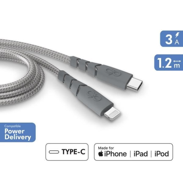 Ultraförstärkt USB C/Lightning-kabel 1,2m 3A Livstidsgaranti Grå - 100 % återvunnen plast Force Power