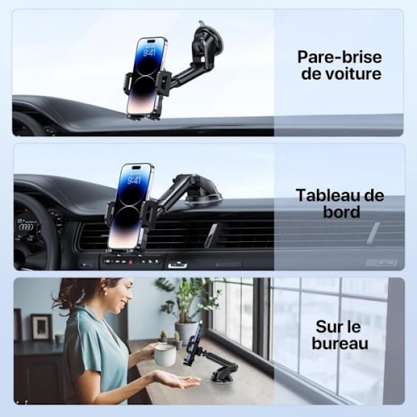 Autoteline älypuhelimelle - JAYM - teleskooppivarsi ja imukuppikiinnitys - musta Svart