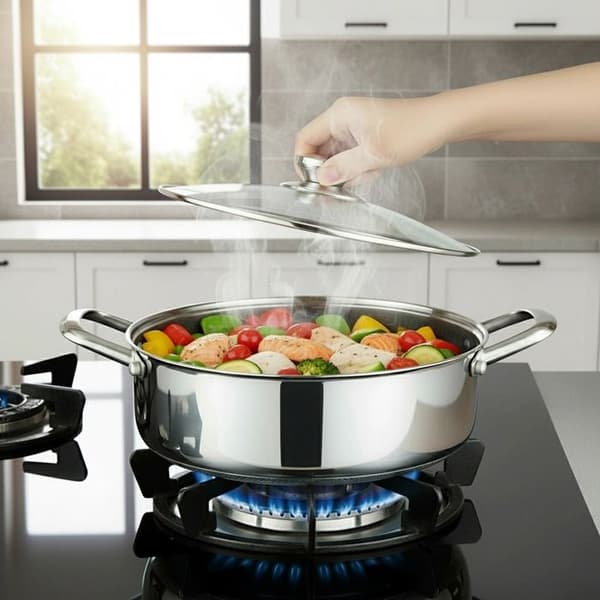 Sauteuse 32cm - CHEFFINGER - Bikube - Rustfrit Stål - Glaslåg - Non-stick 3D Grå