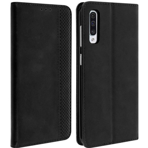 Hus för Samsung Galaxy A50 - AVIZAR - Fodral med Vintage-effekt - 2 Kortfickor - Inbyggd Stöd - Mjuk Skal Svart