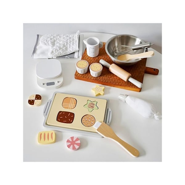 Set för bakning för barn i trä, Mini Chef, realistiska köksredskap, färgglad. Svart
