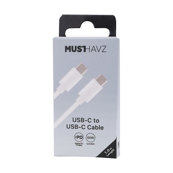 USB-C til USB-C PD 3.0 60W Opladning og Synkronisering 1m Grab 'N Go Hvid Vit