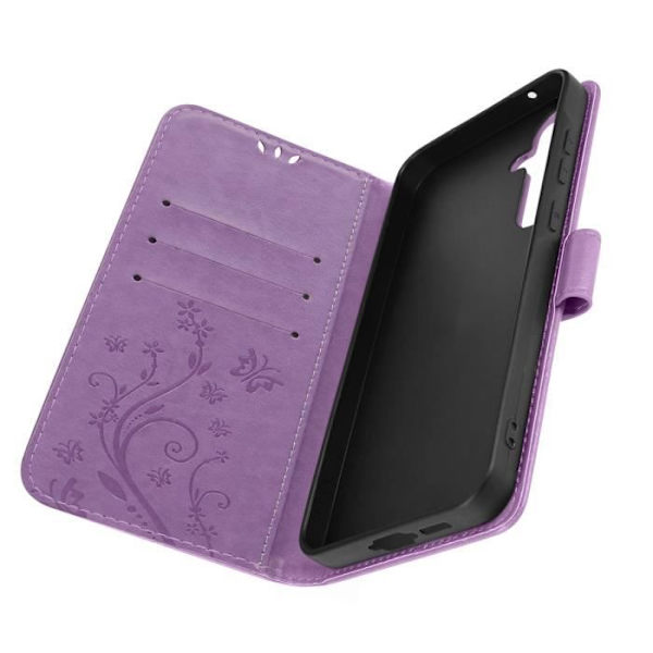 Taske til Samsung Galaxy A55 Pung Flower Butterfly med håndledsrem lys lilla