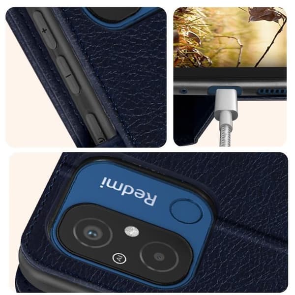 AVIZAR Folio Case til Xiaomi Redmi 12C - Midnight Blue - Kortopbevaring og videounderstøttelsesfunktion Blå