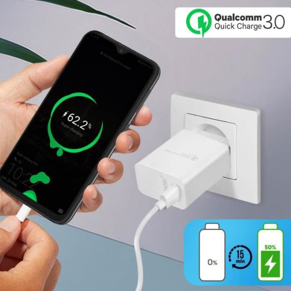 USB-latauslaite - Qualcomm - Quick Charge 3.0 - 3A - USB Type C -kaapeli 1m - Valkoinen Vit