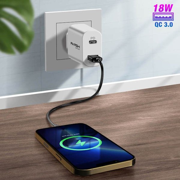 Lader til stikkontakt 15W Dobbelt USB-A QC 3.0 + USB-C PD Hurtigopladning Akashi hvid Vit