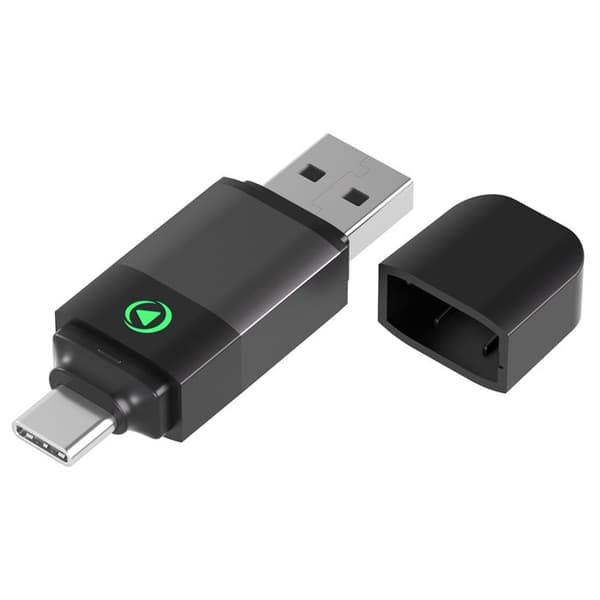 2-i-1 adapter - FORCE PLAY - CarPlay/Android Auto - USB-A - USB-C - Trådløs Svart