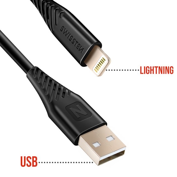 USB til Lightning kabel 60W Silikone Anti-knude Swissten Sort Svart