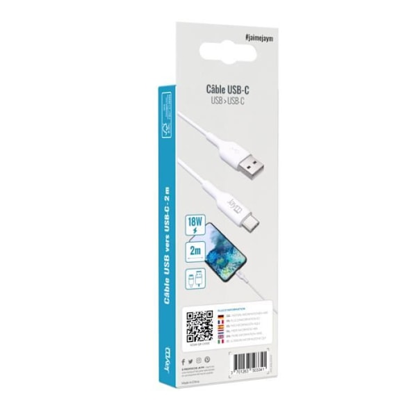 Lataus- ja tiedonsynkronointikaapeli USB Type-C 2.4A 2M Jaym White -liitäntään Vit