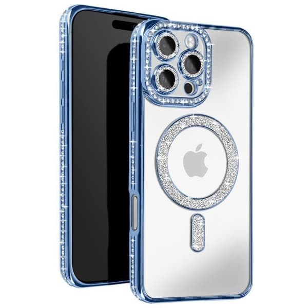 Coque - Diamant - iPhone 16 Pro - MagSafe-skydd - Strasskontur - Ljusblå Blå