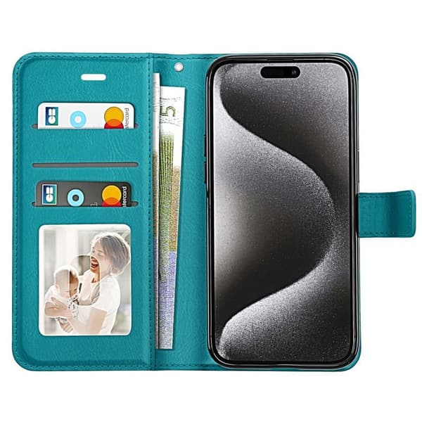 Plånboksfodral för iPhone 15 Pro Max med videostöd och handledsrem Mayaxess Turkos Blå