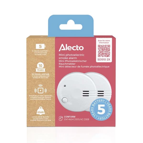 Pack med 2 kompakta mini-rökdetektorer med hållbart batteri i 5 år Alecto Vit Vit