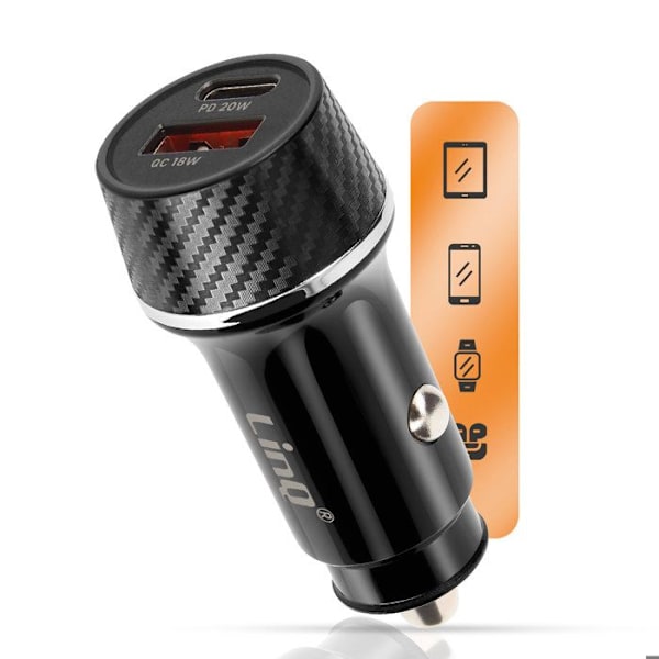 Laddare Bil 38W USB-C + USB Snabbladdning Design Kol LinQ Svart Svart