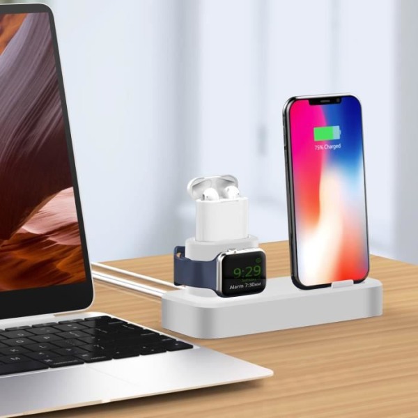 3 in 1 iPhone, AirPods ja Apple Watch -latausteline valkoista silikonia