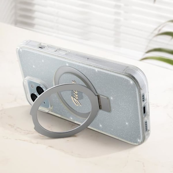 Coque MagSafe pour iPhone 15 Plus Paillette Bords Surélevés Guess Argent Grå