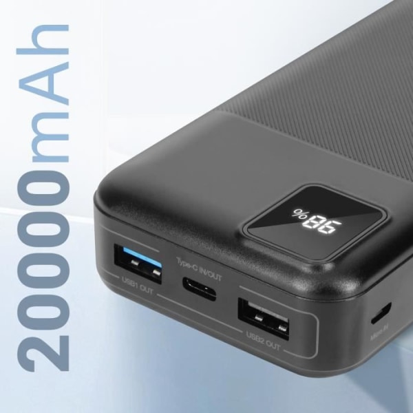 Vara-akku 20000 mAh 2x USB ja USB-C LED-merkkivalo 3mk Musta Svart