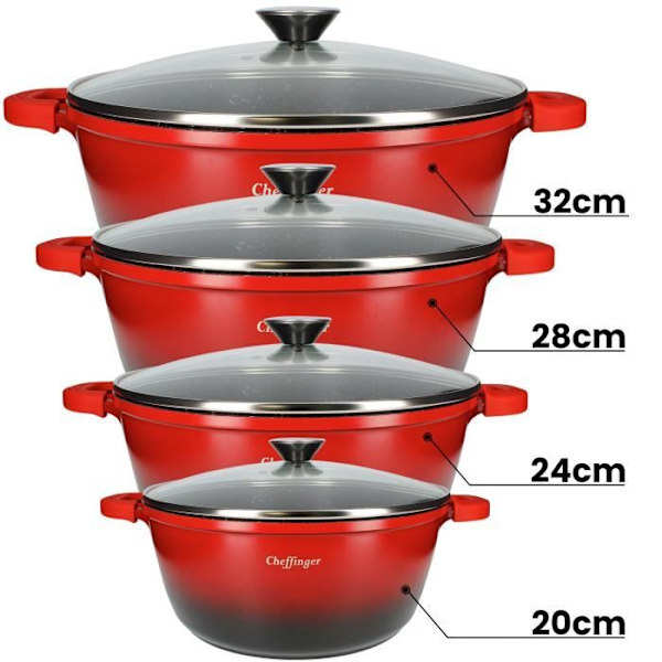 Marmitit - Cheffinger - 4 kappaleen sarja - Marmori Pinnoite - Silikoni Kahvat - Läpinäkyvä Kansipeite Röd