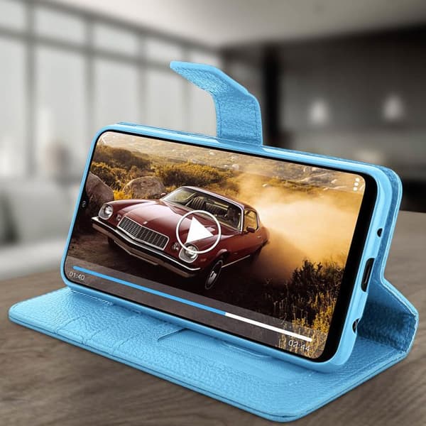 Tasker til smartphone - AVIZAR - Samsung Galaxy A10 - Øko-læder - Video støtte - Magnetisk Blå