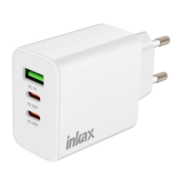 Lader 2x USB-C Power Delivery 20W + USB 18W Hurtigopladning Kompakt Inkax Hvid Vit