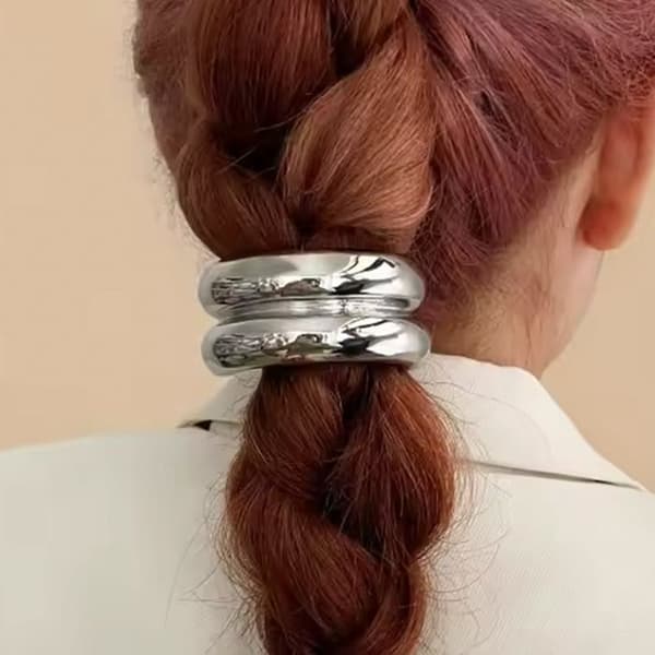 Hårsnodd - AVIZAR - Dubbel C-design - Glamour Silver - Mjuk Polyester - Rostfritt Stål Grå