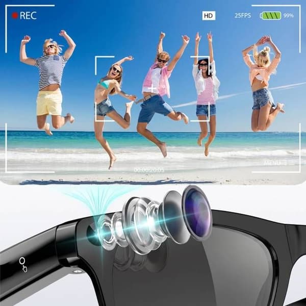 Smartbriller med 2K billeder og 1080p videoer, lyd og Bluetooth opkald, sort Svart