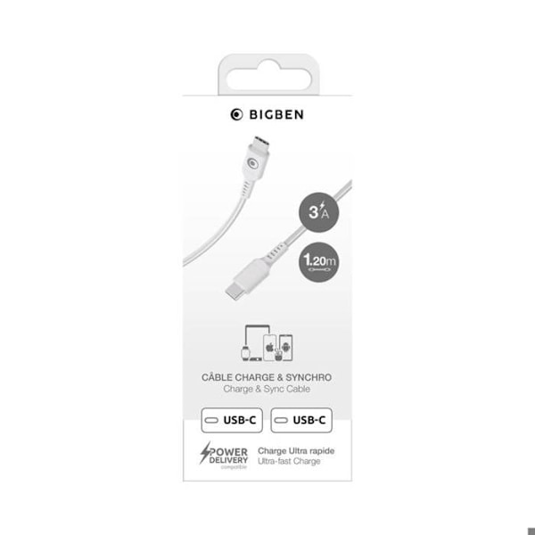 USB-C-kabel - BigBen - 1,2 m - 3A - Power Delivery 60W - Vævet Hvid