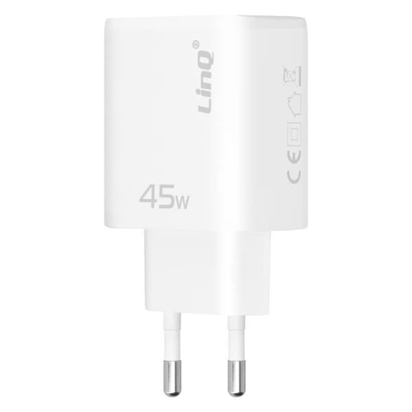 USB C-oplader - LinQ - 45W Power Delivery - Quick Charge 3.0 - Bærbart design - Hvid Vit