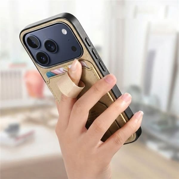 iPhone 17 Pro Fodral med Tyg Effekt och Stöd samt Kortfack Kaki Grön
