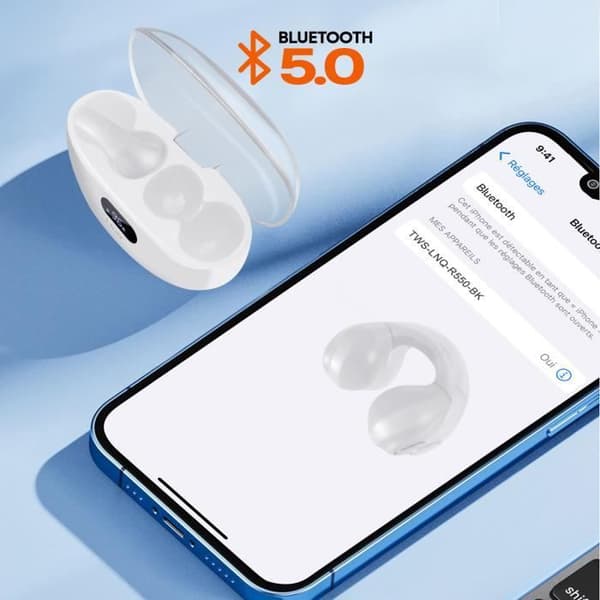 Bluetooth-hörlurar - LINQ - Luftledning - Batteritid 4h - Svettresistenta - Clip On-design Vit