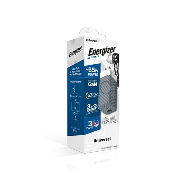 Energizer Oplader 65W USB-A + USB-C uden kabel – 3 adaptere EU/US/UK – Sølv/Grå Sølv/grå