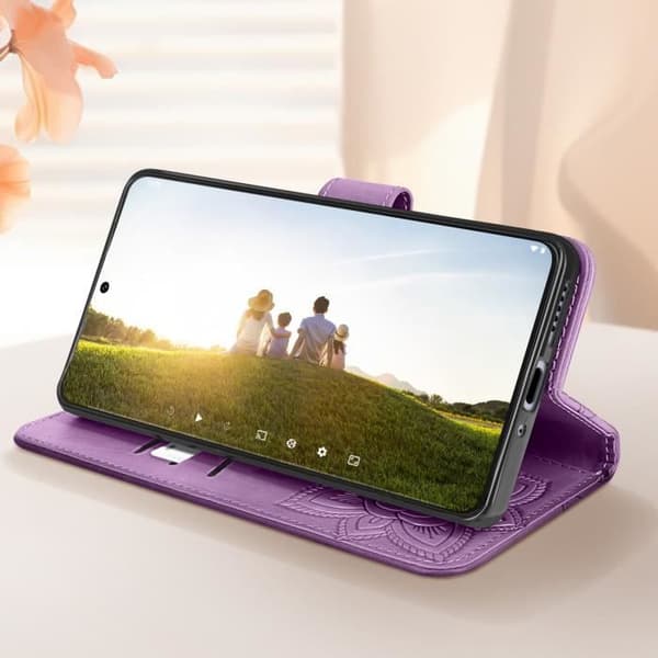 Mandala Butterfly Cover - AVIZAR - Redmi Note 13 Pro - Lys Lilla - Fuld beskyttelse - Håndledsrem Lys lilla