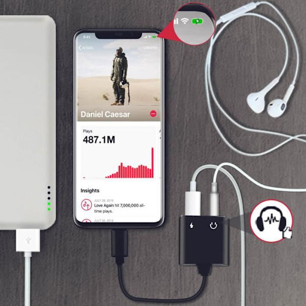 Audio- og Ladeadapter - HL-096 - iPhone - Lightning - Jack 3.5mm - Sort