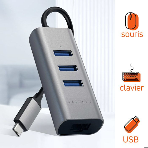 USB C-hubb med 3x USB och Ethernet, kompakt design, Satechi Mörkgrå