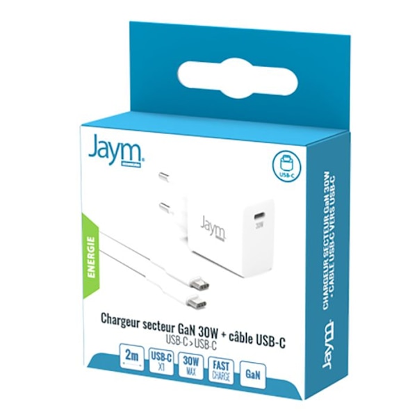 Pack Väggadapter GaN 30W USB-C med Snabb Kompakt USB-C-kabel 2m Jaym Vit Vit
