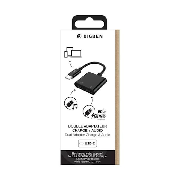 USB-C Audio Adapter - BigBen - 2 in 1 - 60W Charge - 12cm - Black