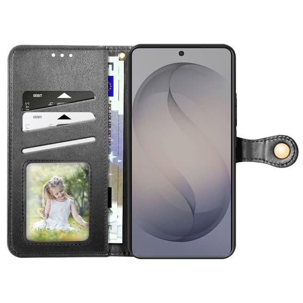 Pungetui til Galaxy S26 med magnetisk trykknap og håndledsrem i sort Svart