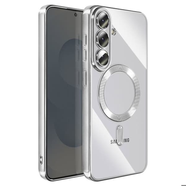 Skydd för Galaxy S26 Plus MagSafe Mjuk Stötabsorberande med Silver Kromad Kant Grå