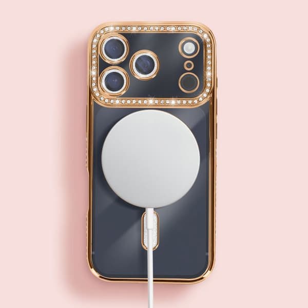 Skydd för iPhone 17 Pro Max - AVIZAR - MagSafe - Guldig kontur - Strass - Elegant skydd Gul