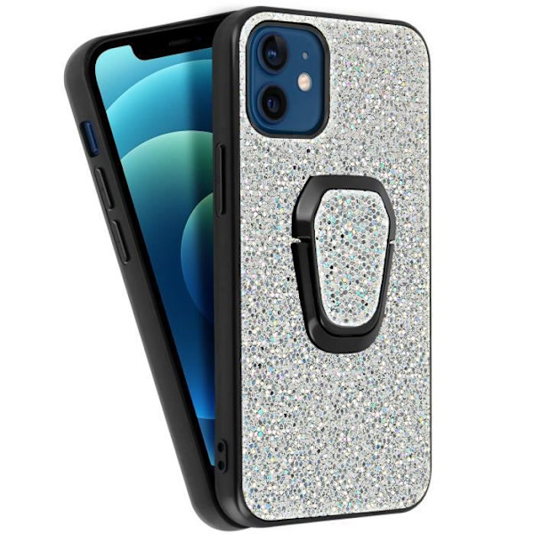 Coque iPhone 12 Mini - AVIZAR - Paillettée - Bi-matière - Argent Gris - Bague de maintien Silvergrå