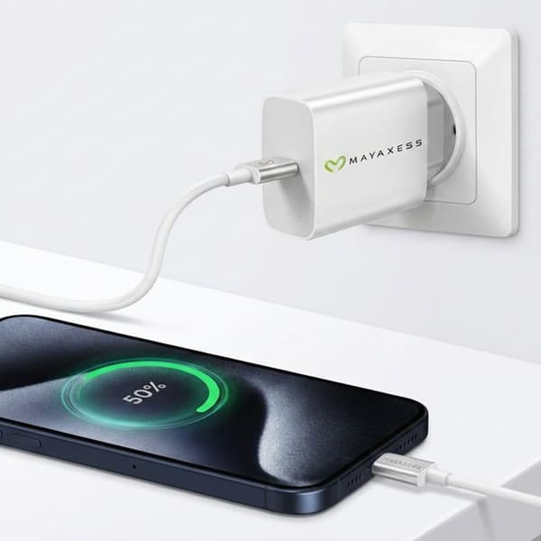 Lader til iPhone 15 Pro 20W + USB-C kabel 1m Mayaxess Hvid Vit