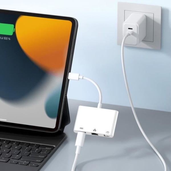 Lightning til Ethernet / USB-A / USB-C Adapter Kompakt Plug and Play hvid