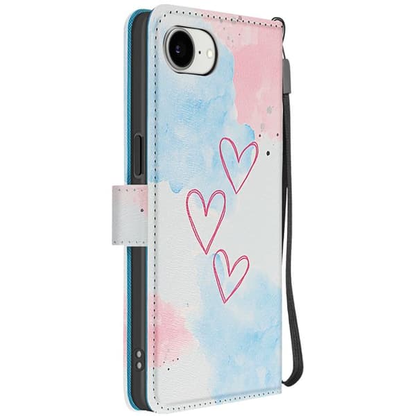 Pungetui til iPhone 17 med hjerte mønster, med støtte og håndledsrem i blå / rosa Blå/rosa