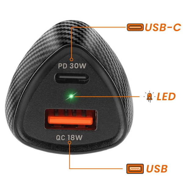 Lader til bil 48W USB-C + USB Hurtigoplader Carbon Design LinQ Sort Svart